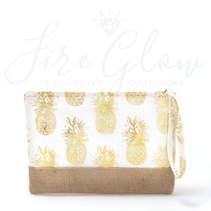 White & Gold Foil Print Pineapple Clutch Wristlet